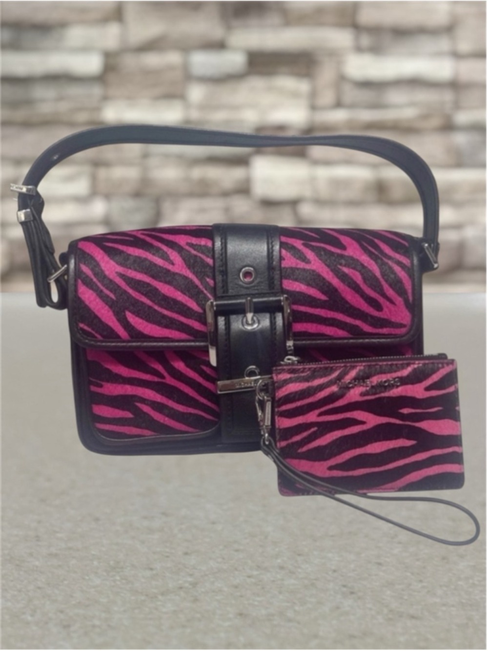 Michael Kors Colby Hot Pink Zebra Stripe Bag & Matching Wallet Calf Hair Cerise